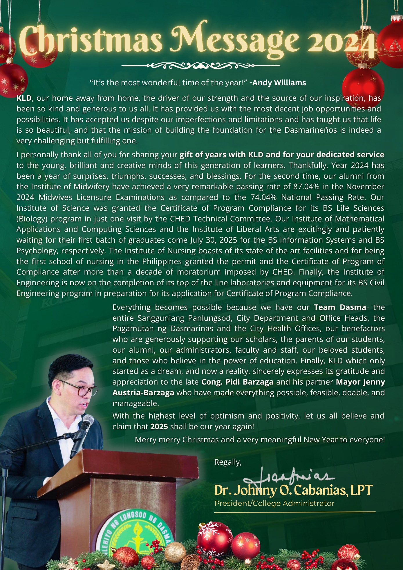 KLD President’s Christmas message: A community effort, a shared success