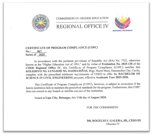 CHED awards COPC to KLD’s BS Civil Engineering Program
