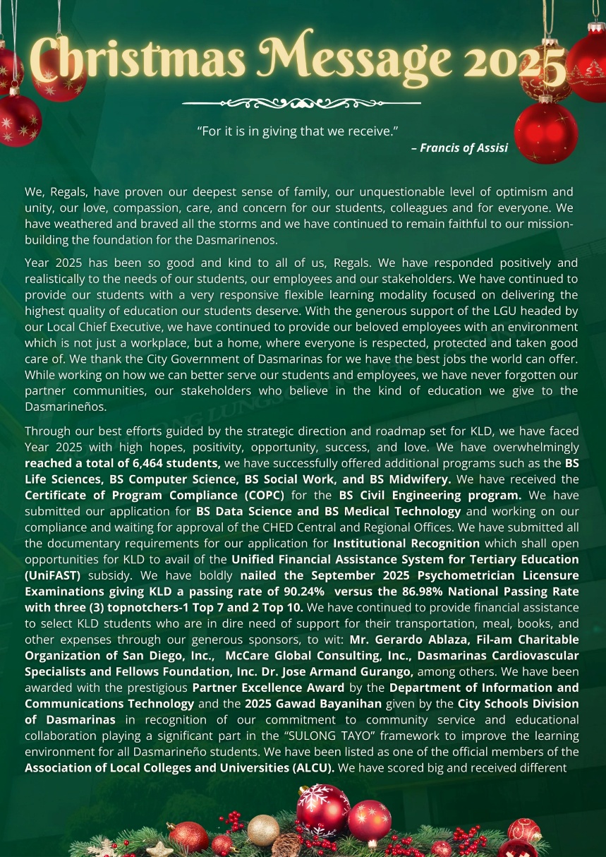 Christmas Message of the President/College Administrator